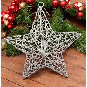 Vintage White Wire Star Christmas Tree Ornament with Iridescent Glitter Accents